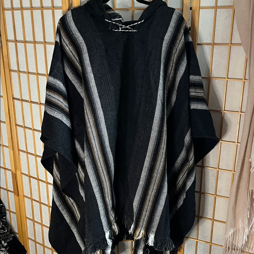 Black and Gray Striped Poncho